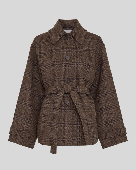 A brown plaid belted coat with a collar and button front, displayed on a neutral gray background.