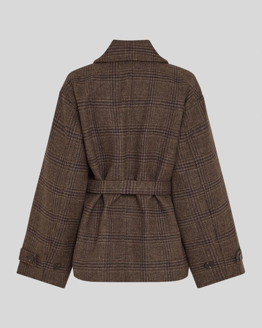 A brown plaid belted jacket shown from the back, featuring a classic windowpane pattern in shades of brown and black, photographed against a solid light gray background.