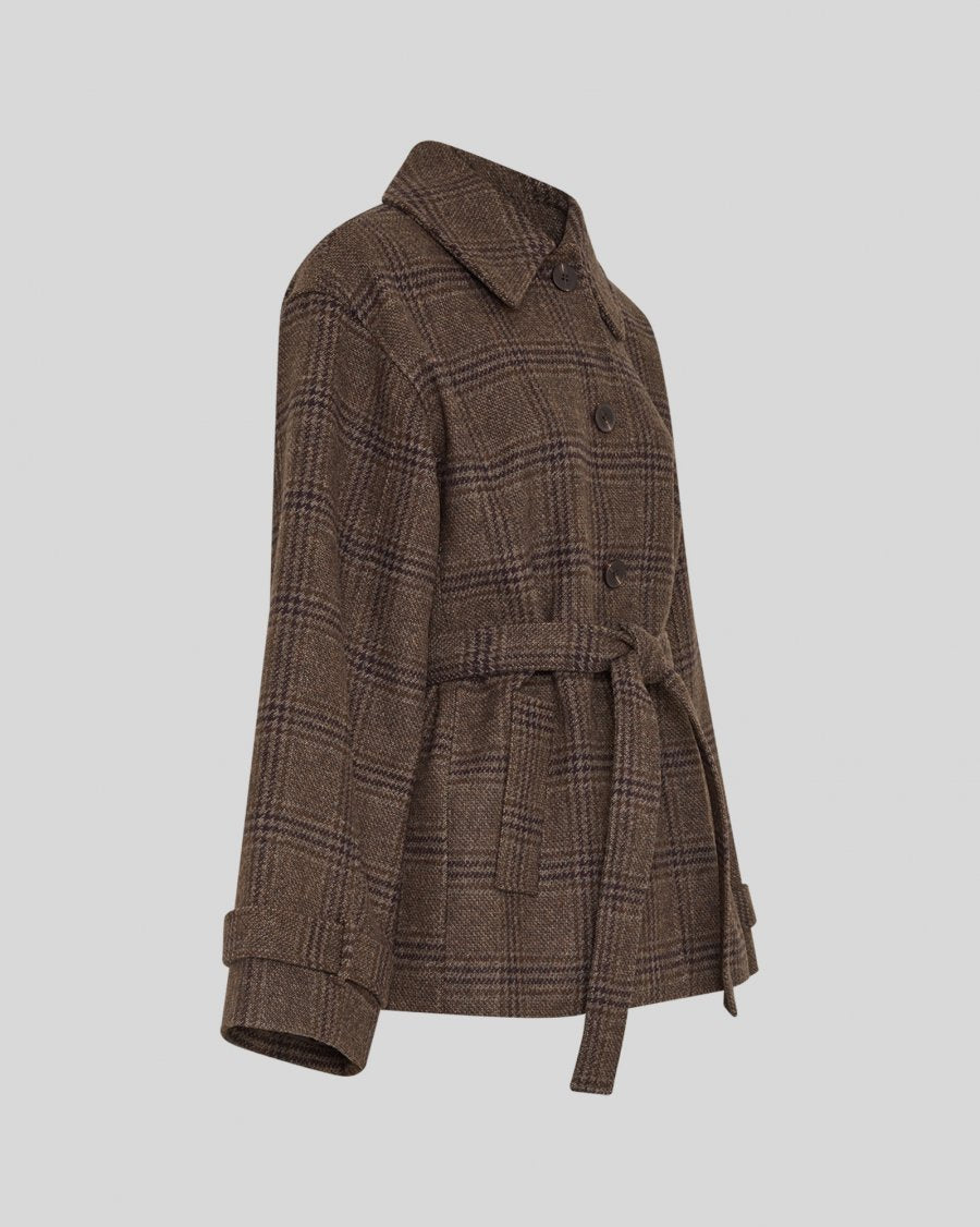 A brown plaid wool coat with a matching waist tie belt, shown from a three-quarter angle against a solid light gray background.