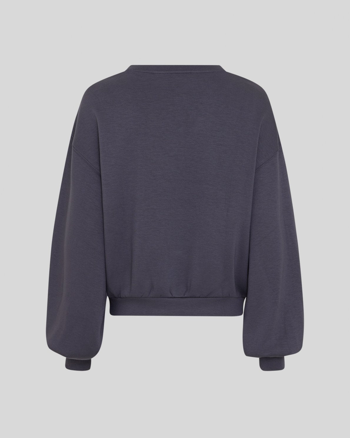 A dark slate gray crewneck sweatshirt shown from the back, featuring a relaxed fit and ribbed cuffs and hem, set against a solid light gray background.