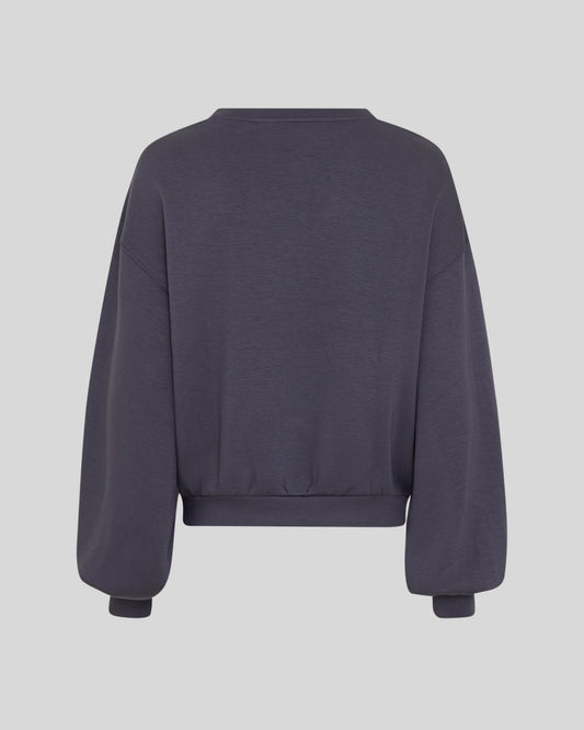 A dark slate gray crewneck sweatshirt shown from the back, featuring a relaxed fit and ribbed cuffs and hem, set against a solid light gray background.