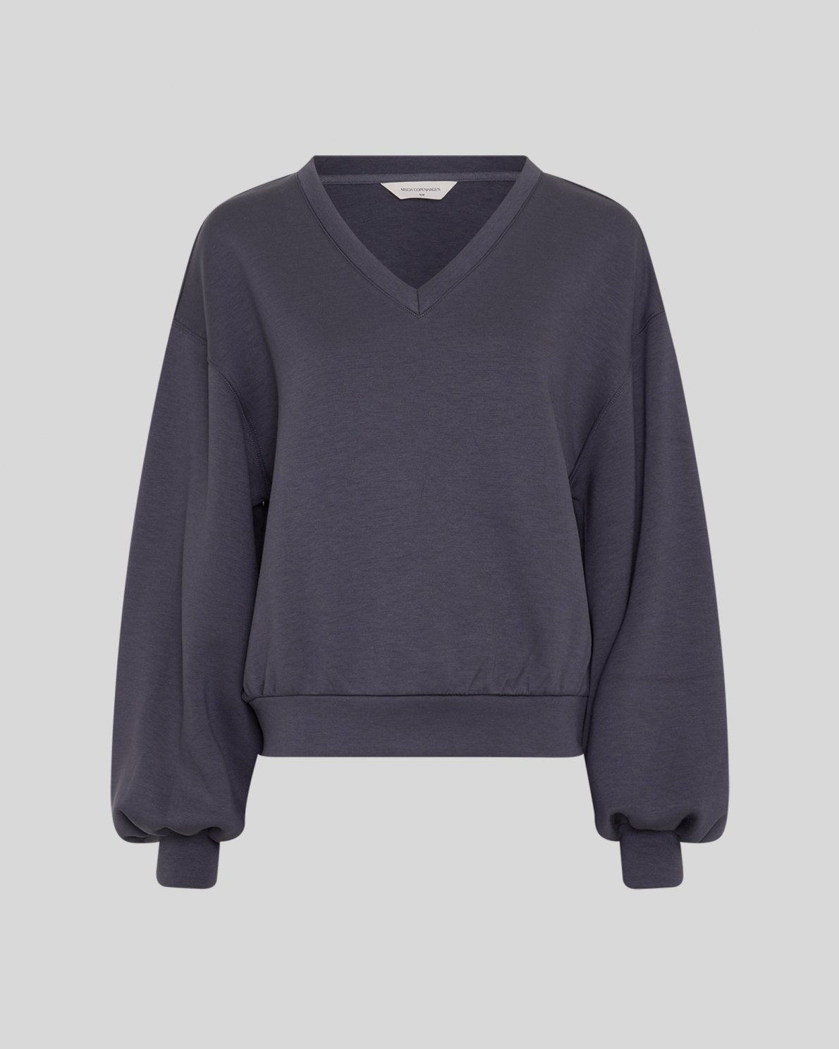 A dark slate gray V-neck sweatshirt with long balloon sleeves and ribbed cuffs, shown against a solid light gray background.