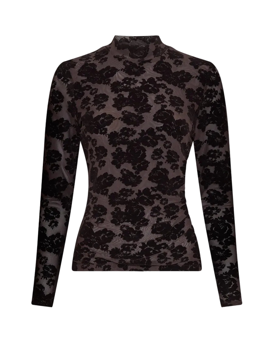 A long-sleeve mock neck top featuring a black floral lace overlay over a dark brown sheer mesh fabric, displayed on a neutral gray background.