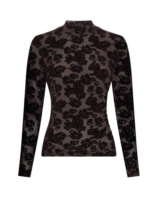 A long-sleeve mock neck top featuring a black floral lace overlay over a dark brown sheer mesh fabric, displayed on a neutral gray background.