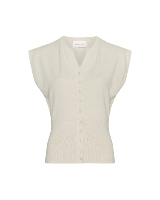 Cream-colored sleeveless cardigan on a light gray background