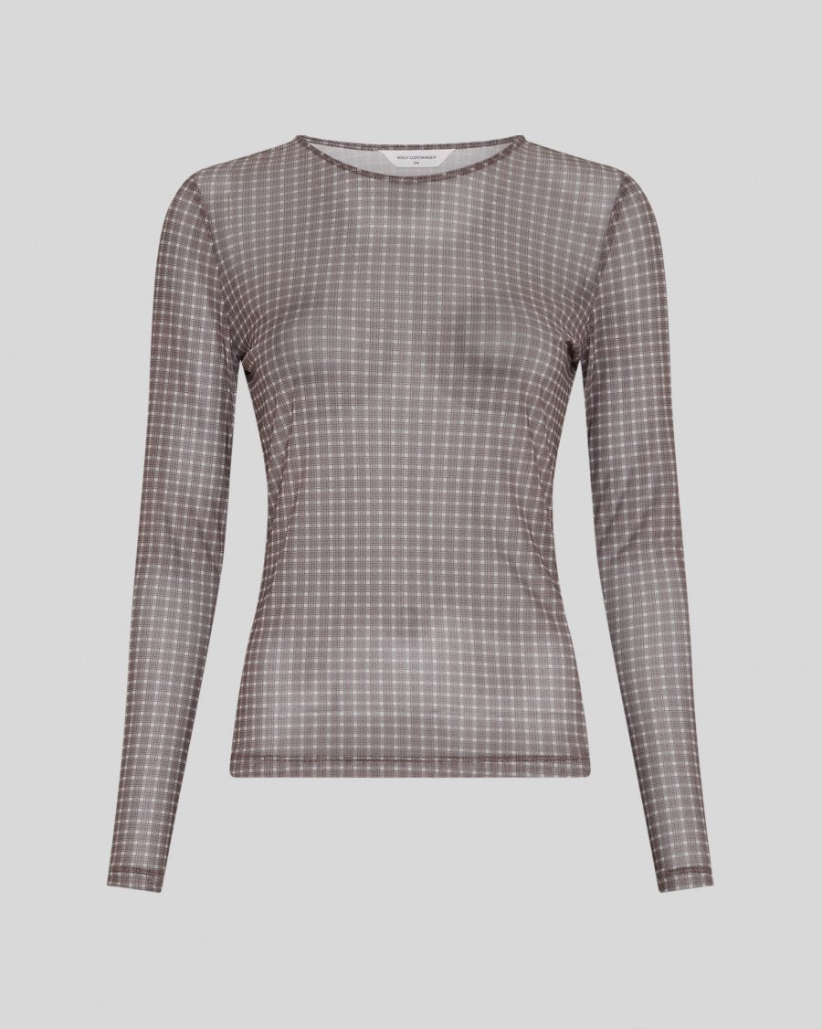 A long-sleeve sheer mesh top with a fine brown and white grid pattern, displayed on a neutral light gray background.