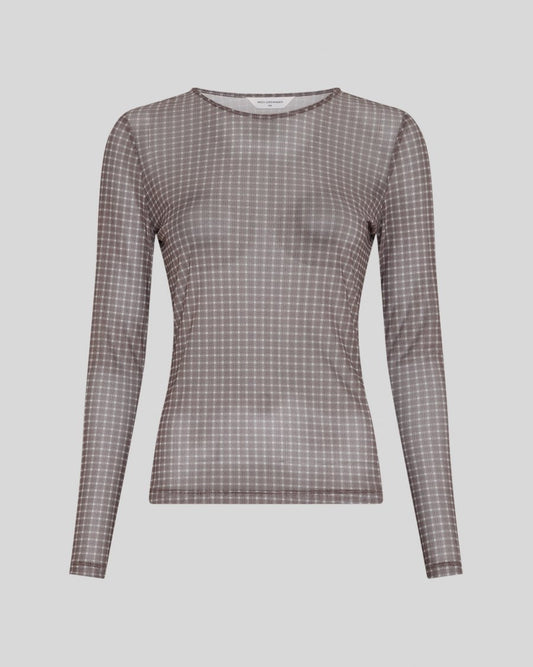 A long-sleeve sheer mesh top with a fine brown and white grid pattern, displayed on a neutral light gray background.