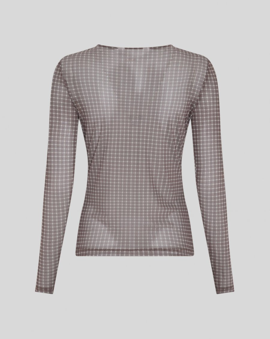 A long-sleeve sheer mesh top with a brown and beige windowpane check pattern, shown from the back on a light gray background.