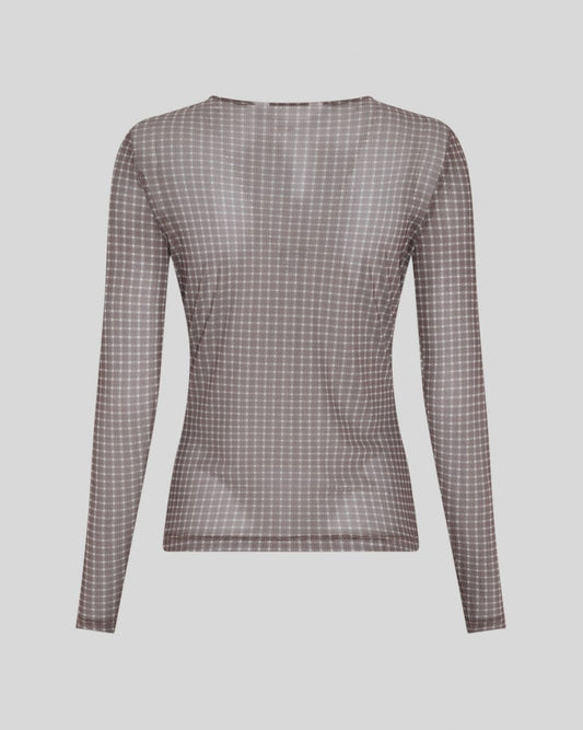 A long-sleeve sheer mesh top with a brown and beige windowpane check pattern, shown from the back on a light gray background.