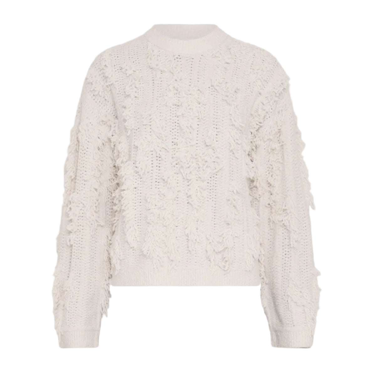 An off-white textured knit sweater with a high mock neck, featuring intricate openwork patterns and frayed fringe details along the sleeves and hem, shown against a solid gray background.