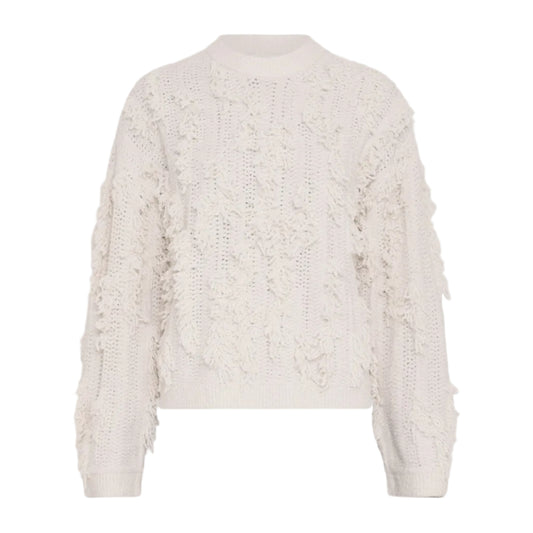 An off-white textured knit sweater with a high mock neck, featuring intricate openwork patterns and frayed fringe details along the sleeves and hem, shown against a solid gray background.
