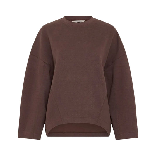 A dark brown crewneck sweatshirt with a relaxed, oversized fit and long sleeves, displayed against a solid light gray background.