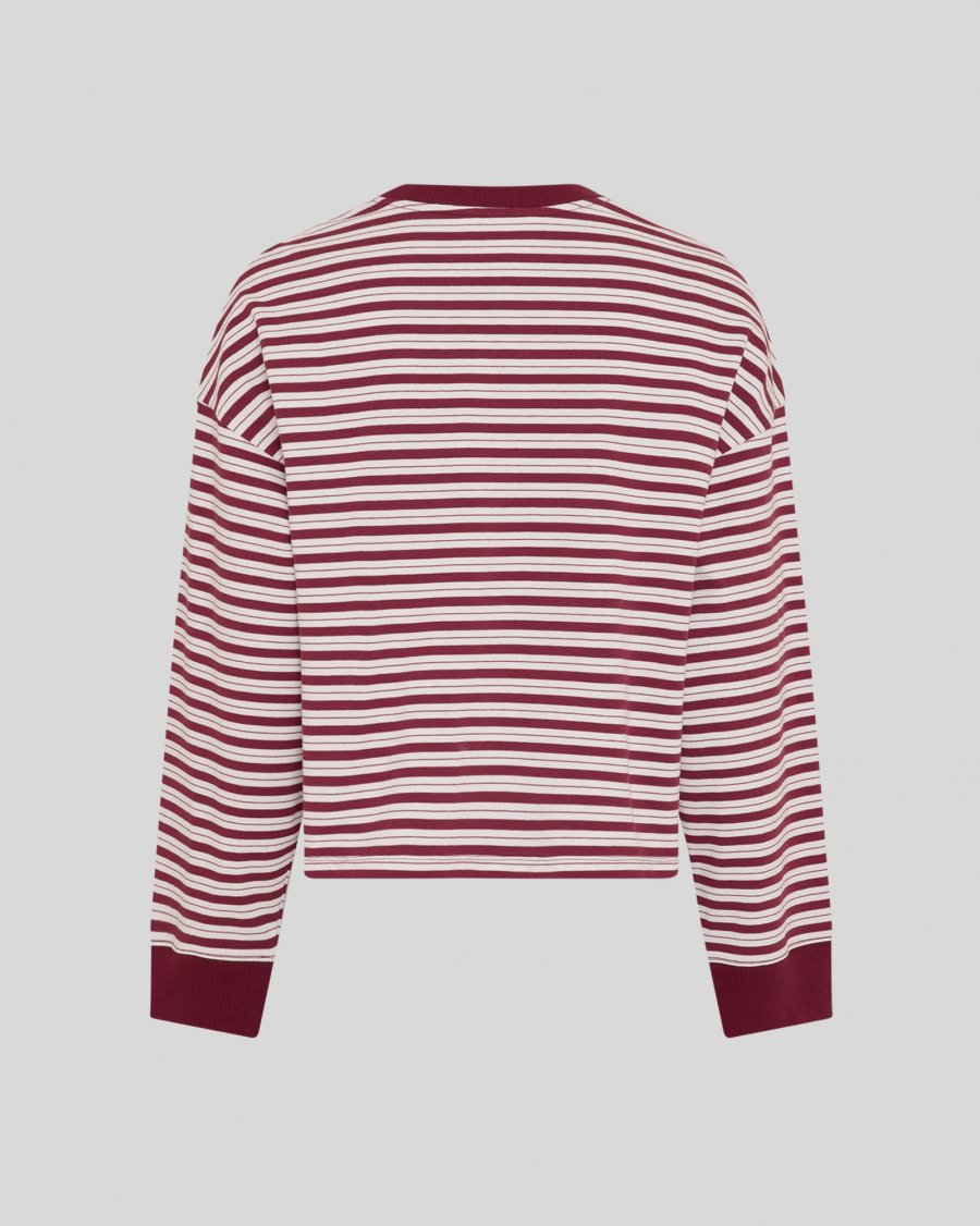 A cropped long-sleeve crewneck top with horizontal burgundy and white stripes, featuring solid burgundy ribbed cuffs and collar, shown against a solid gray background.