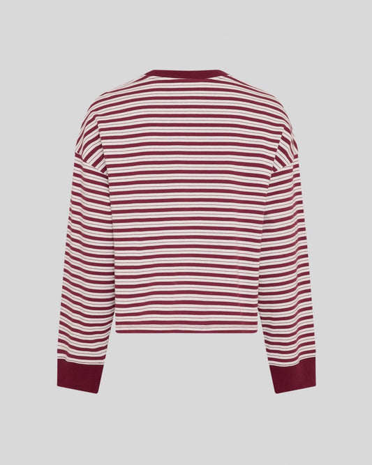 A cropped long-sleeve crewneck top with horizontal burgundy and white stripes, featuring solid burgundy ribbed cuffs and collar, shown against a solid gray background.