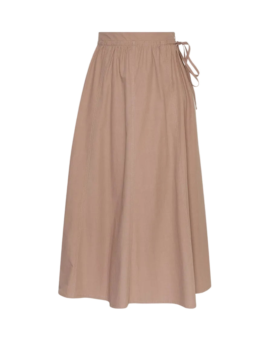 Brown skirt with a tie waist on a light gray background
