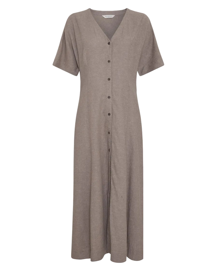 Brown dress with buttons on a light gray background