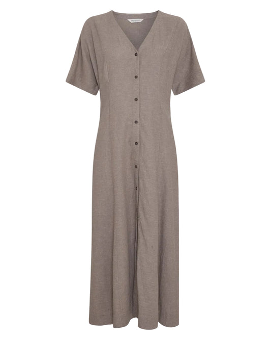 Brown dress with buttons on a light gray background