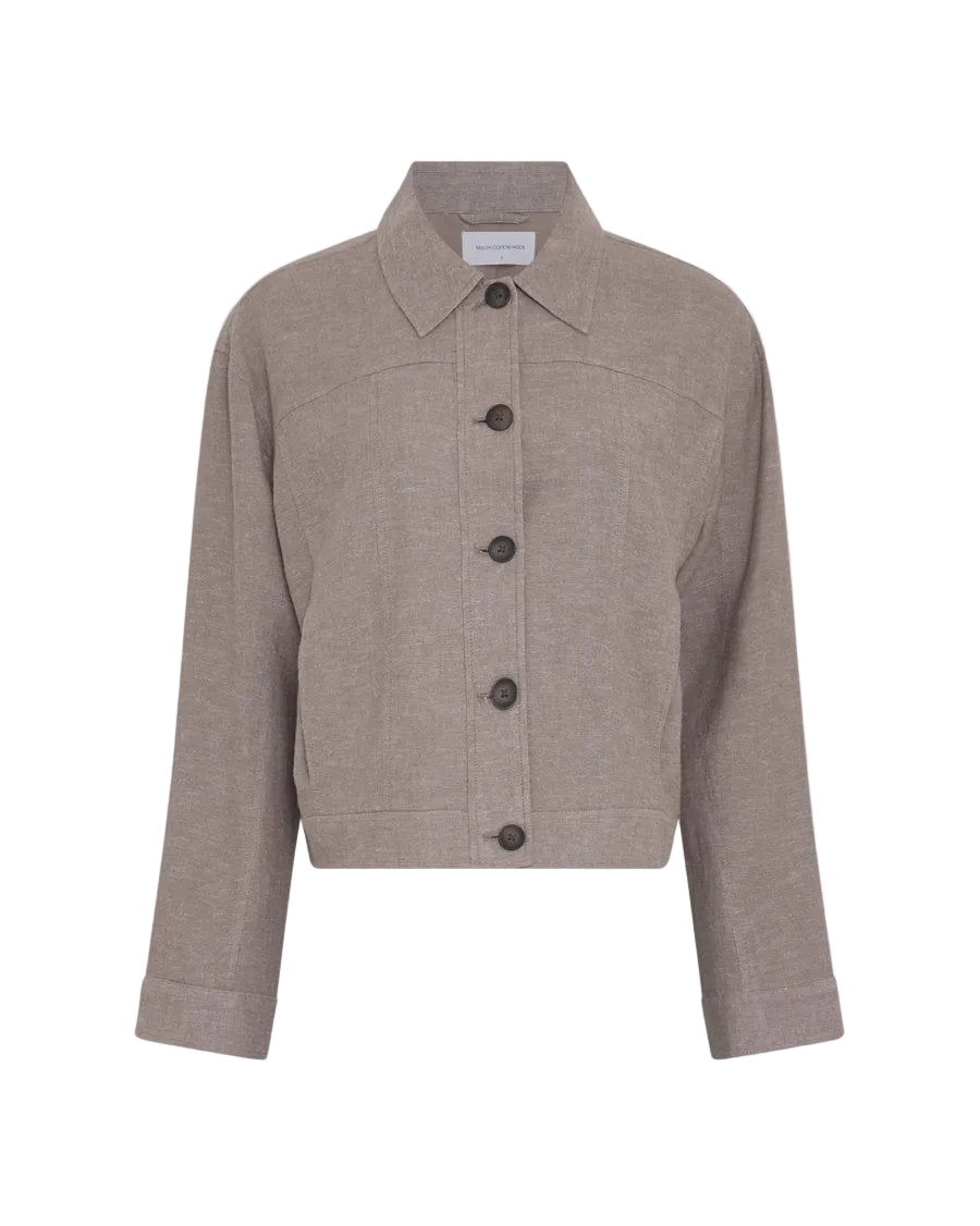 Beige jacket with button details on a light gray background
