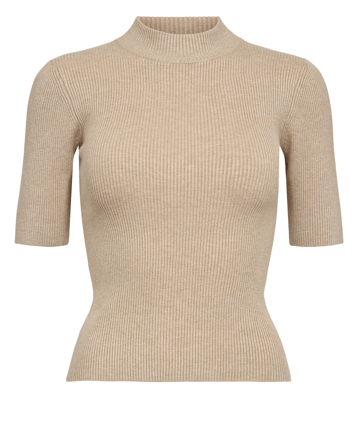 Beige ribbed knit short-sleeve top on a white background