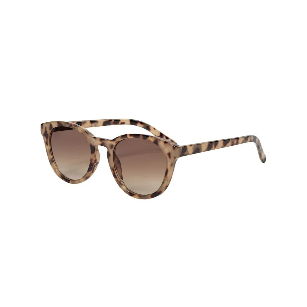Sunglasses with tortoiseshell frame and gradient lenses on a white background