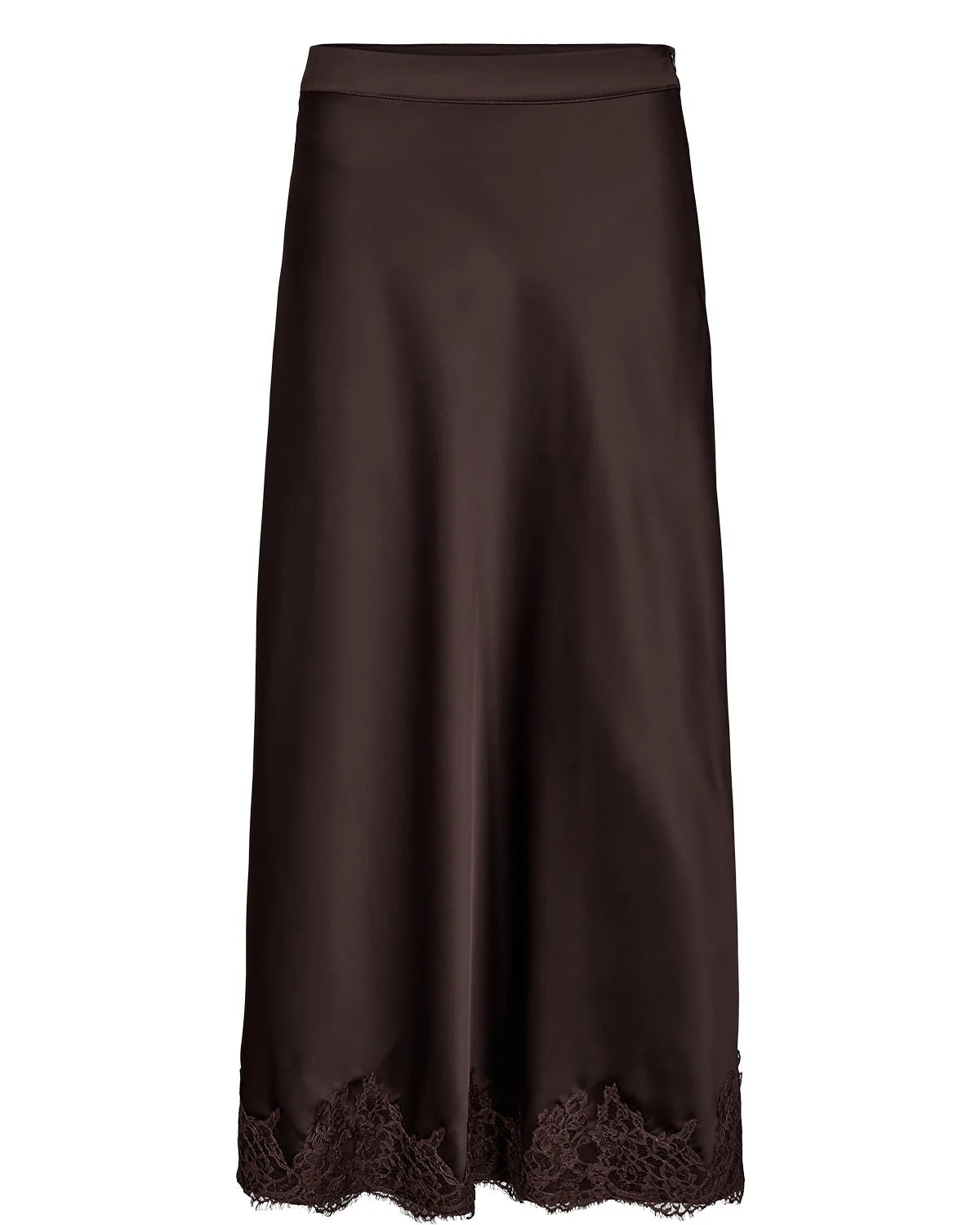 A dark brown satin midi skirt with a matching lace hem, shown against a plain white background.