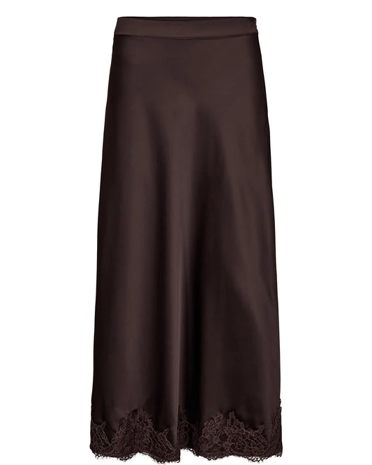 A dark brown satin midi skirt with a matching lace hem, shown against a plain white background.
