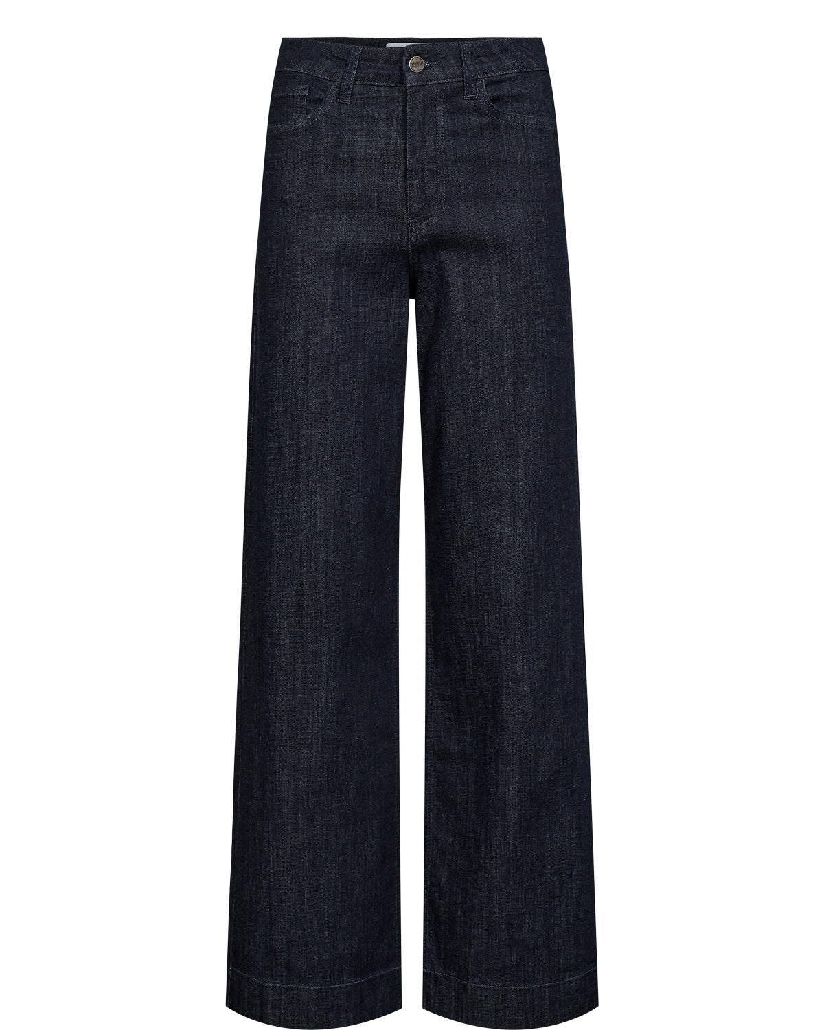 Dark indigo wide-leg denim jeans shown flat against a solid white background.