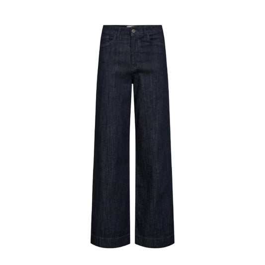 Dark indigo wide-leg denim jeans shown flat against a solid white background.