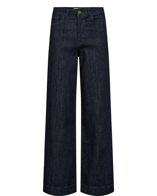Dark indigo wide-leg denim jeans shown flat against a solid white background.