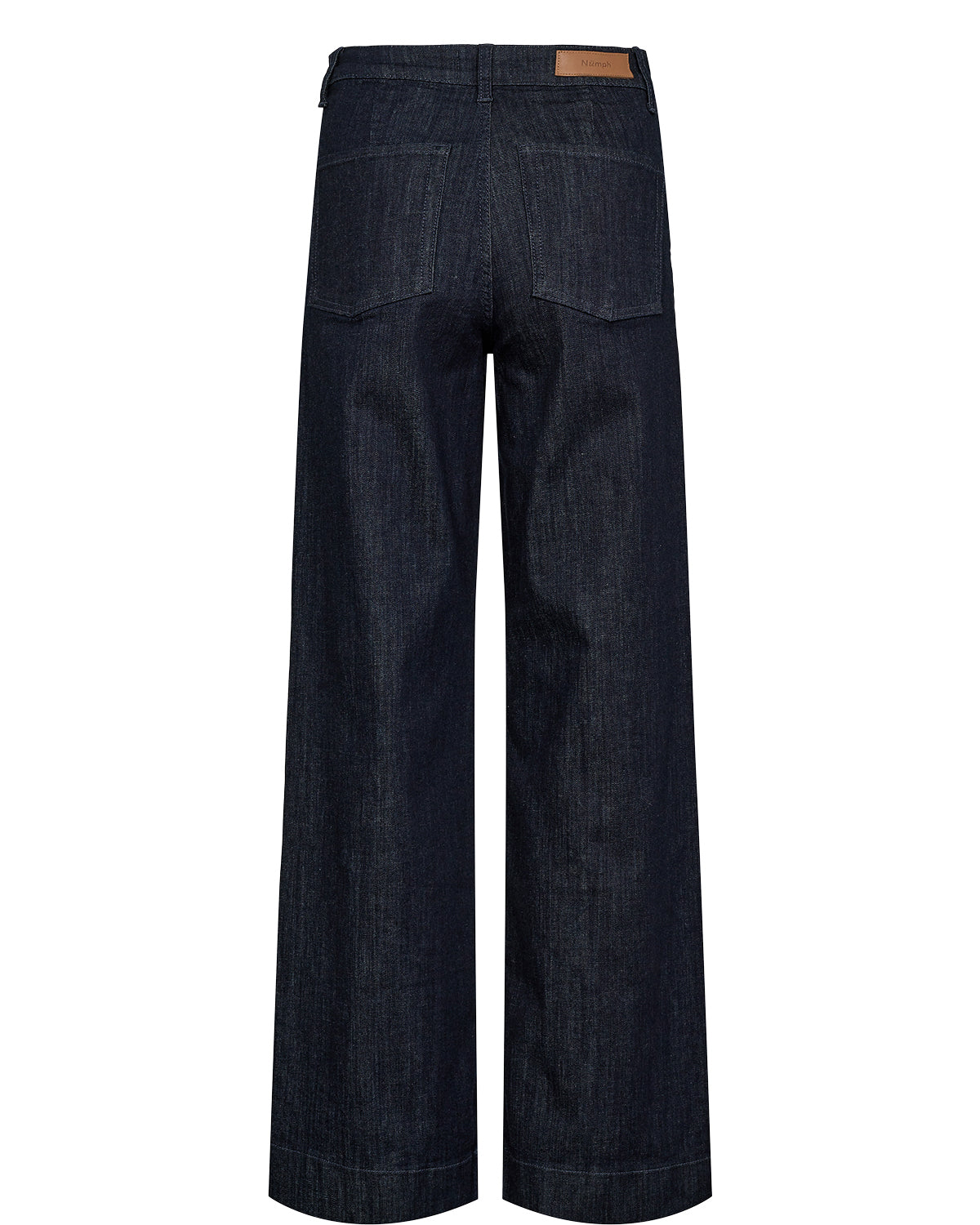 Back view of dark indigo wide-leg jeans on a white background.