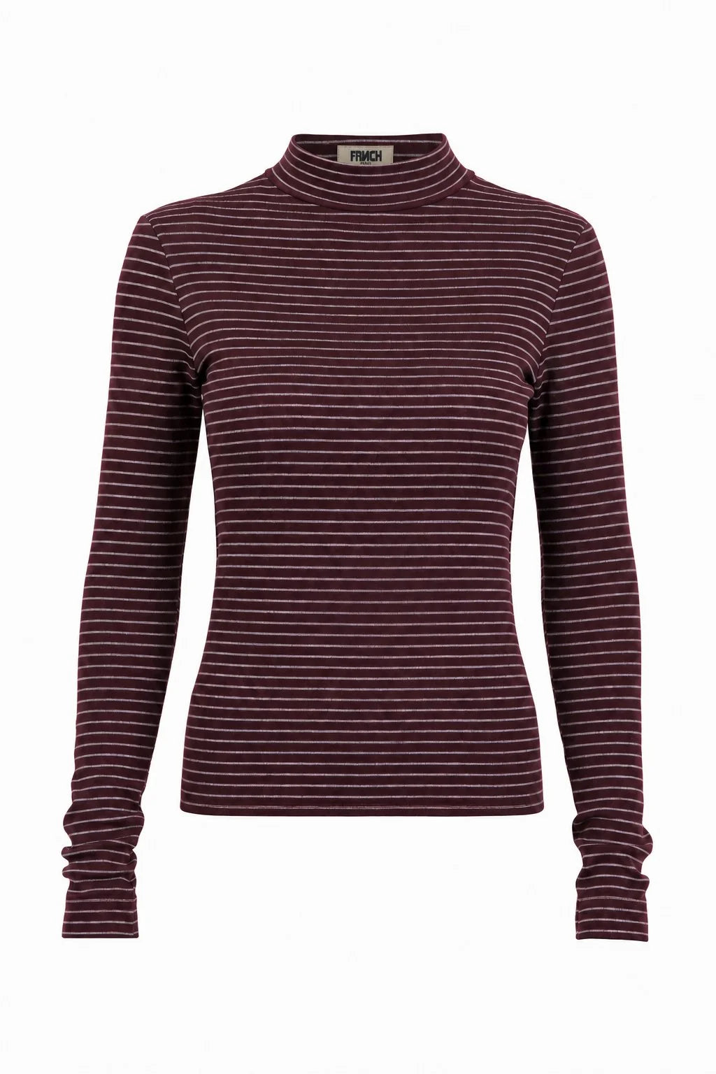 A long-sleeve mock neck top with thin horizontal stripes in dark burgundy and white, shown on a plain white background.