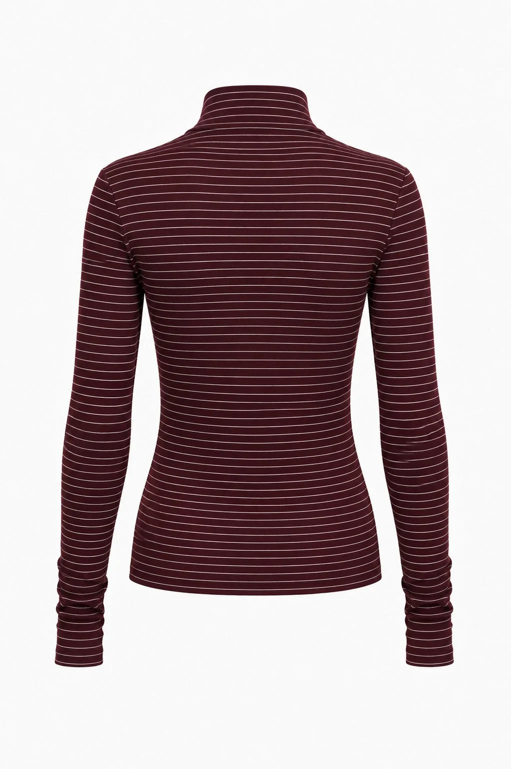 A women's long-sleeve mock neck top with thin horizontal stripes in burgundy and dark brown, shown from the back on a white background.