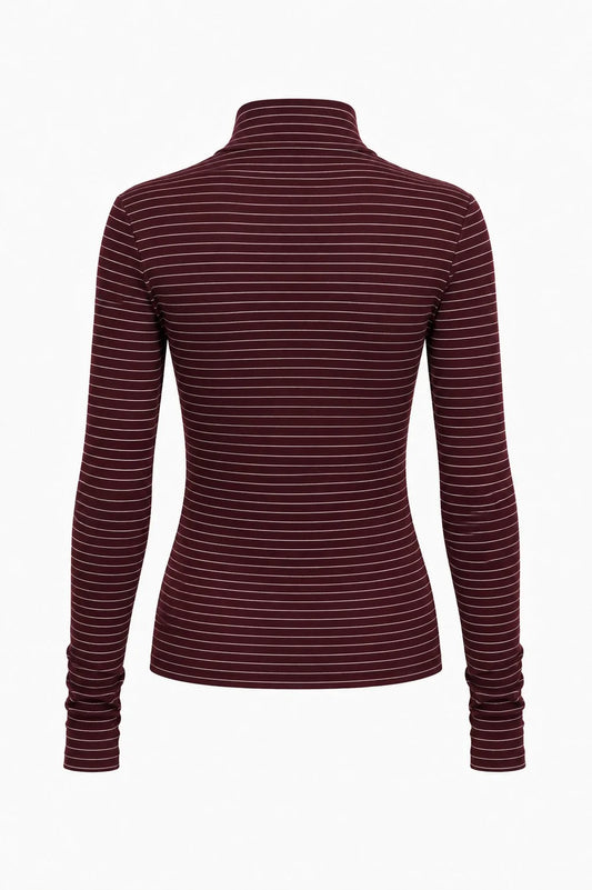 A women's long-sleeve mock neck top with thin horizontal stripes in burgundy and dark brown, shown from the back on a white background.