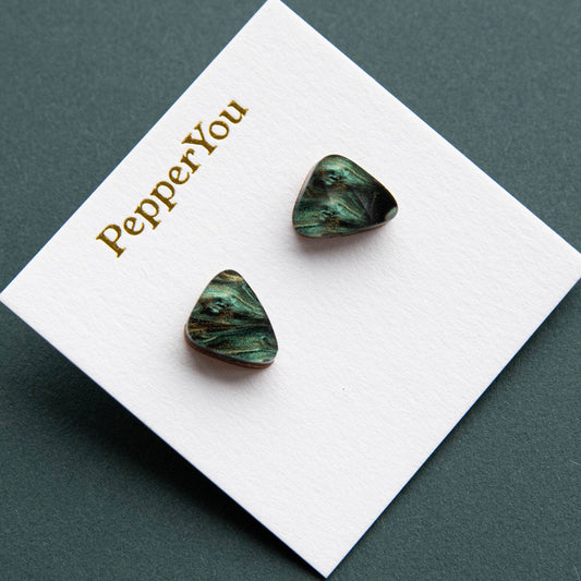 Green triangular earrings on a white card with 'PepperYou' branding against a dark green background.