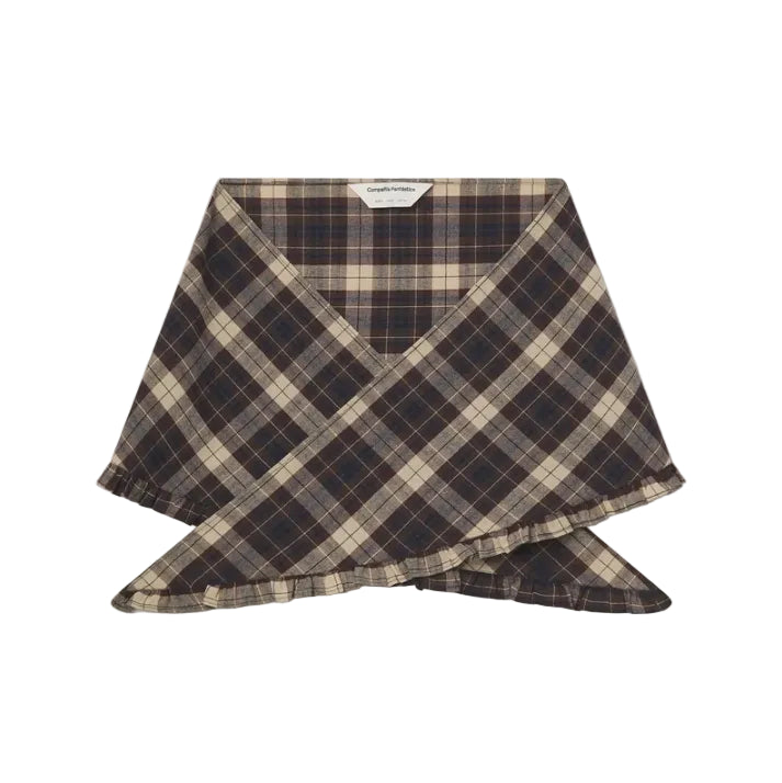 A folded plaid scarf in dark brown, beige, and navy, displayed on a clean off-white background.