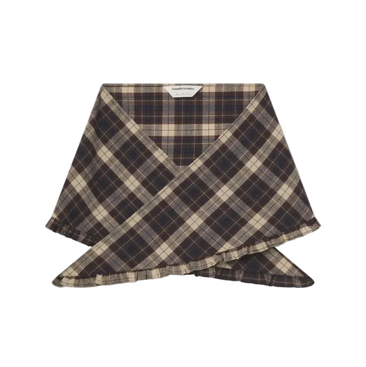 A folded plaid scarf in dark brown, beige, and navy, displayed on a clean off-white background.