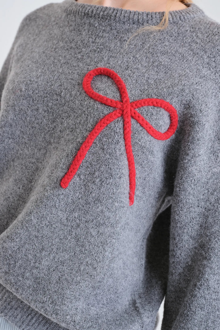 Grey Knit Jumper with Red Bow