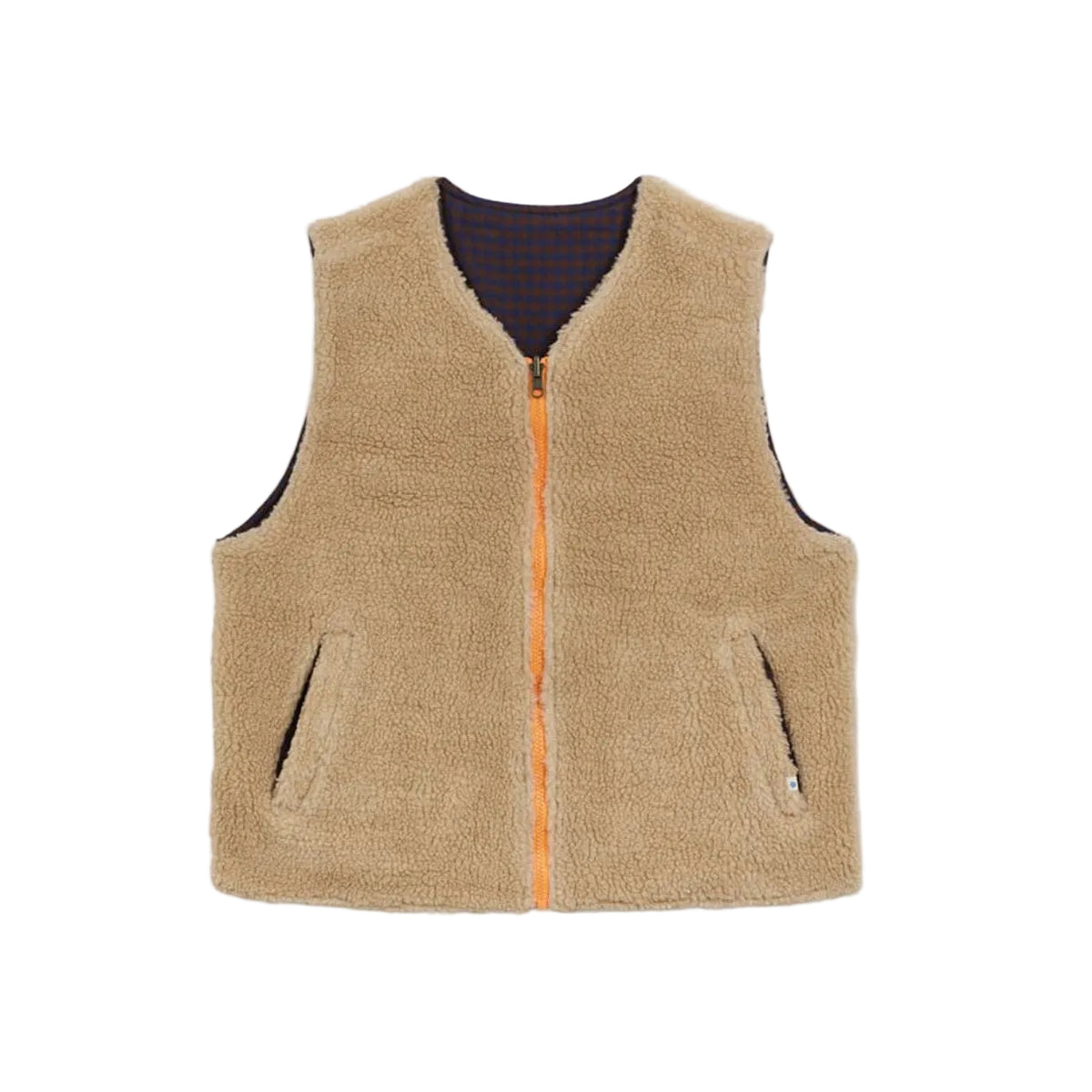 A tan sherpa fleece zip-up vest with a dark brown interior lining and a bright orange zipper, shown flat on a light gray background.