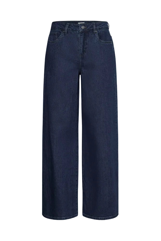 A pair of dark blue wide-leg denim jeans shown flat against a solid white background.