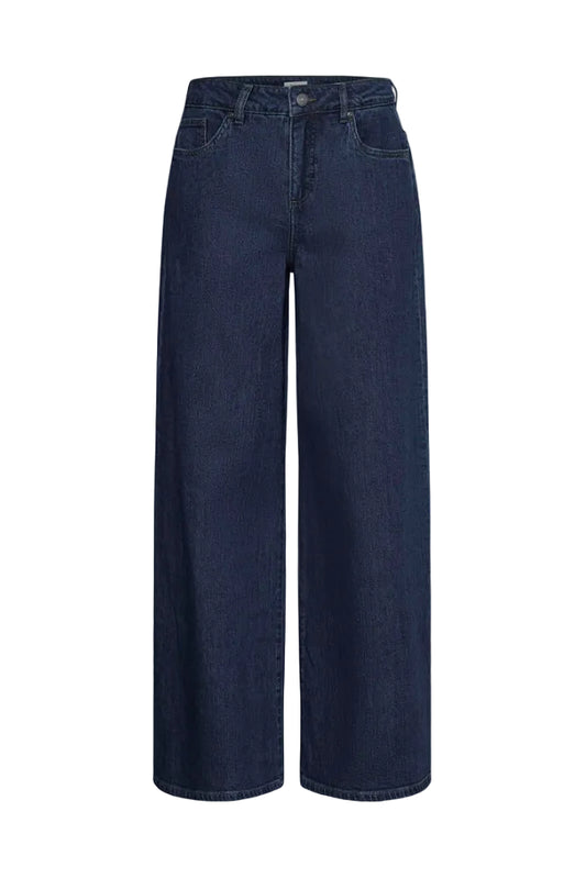A pair of dark blue wide-leg denim jeans shown flat against a solid white background.