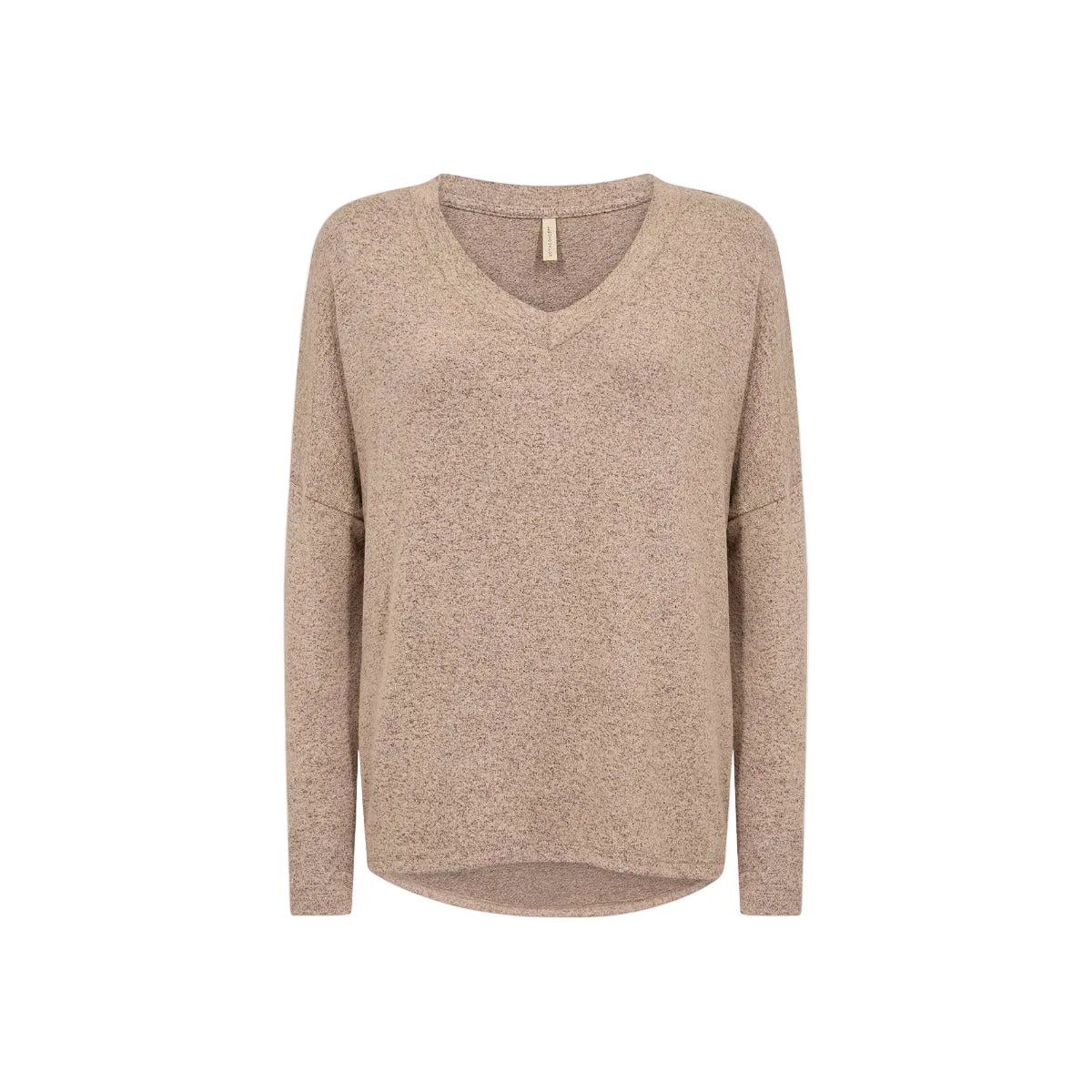 A long-sleeve V-neck knit sweater in a heathered taupe-beige color, shown against a plain white background.