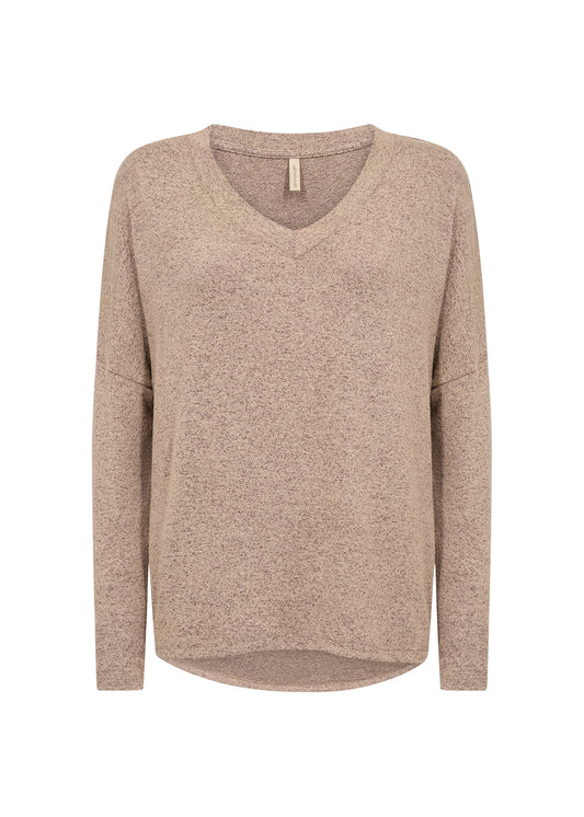 A long-sleeve V-neck knit sweater in a heathered taupe-beige color, shown against a plain white background.