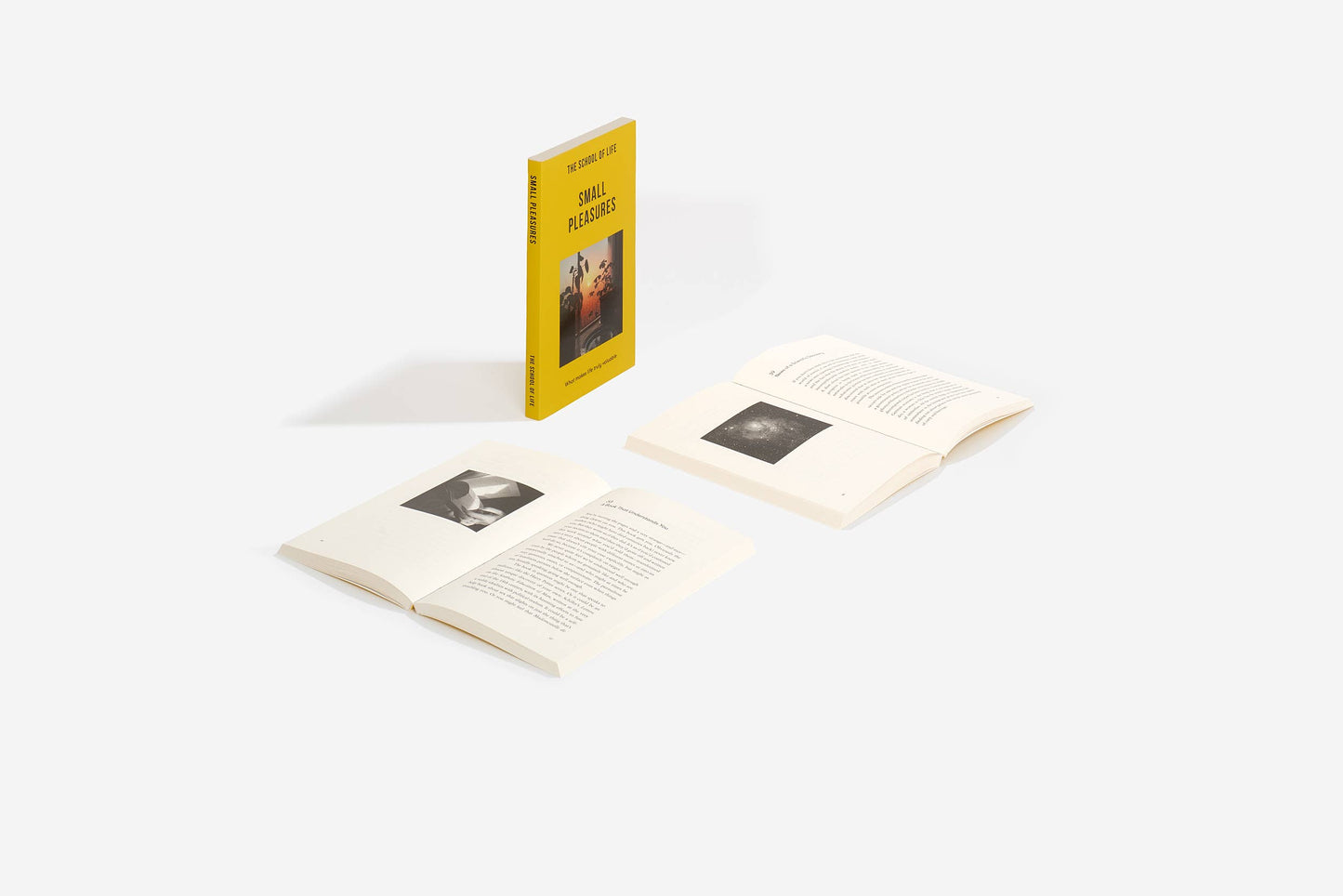 Two open books and a closed book with a yellow cover on a white background