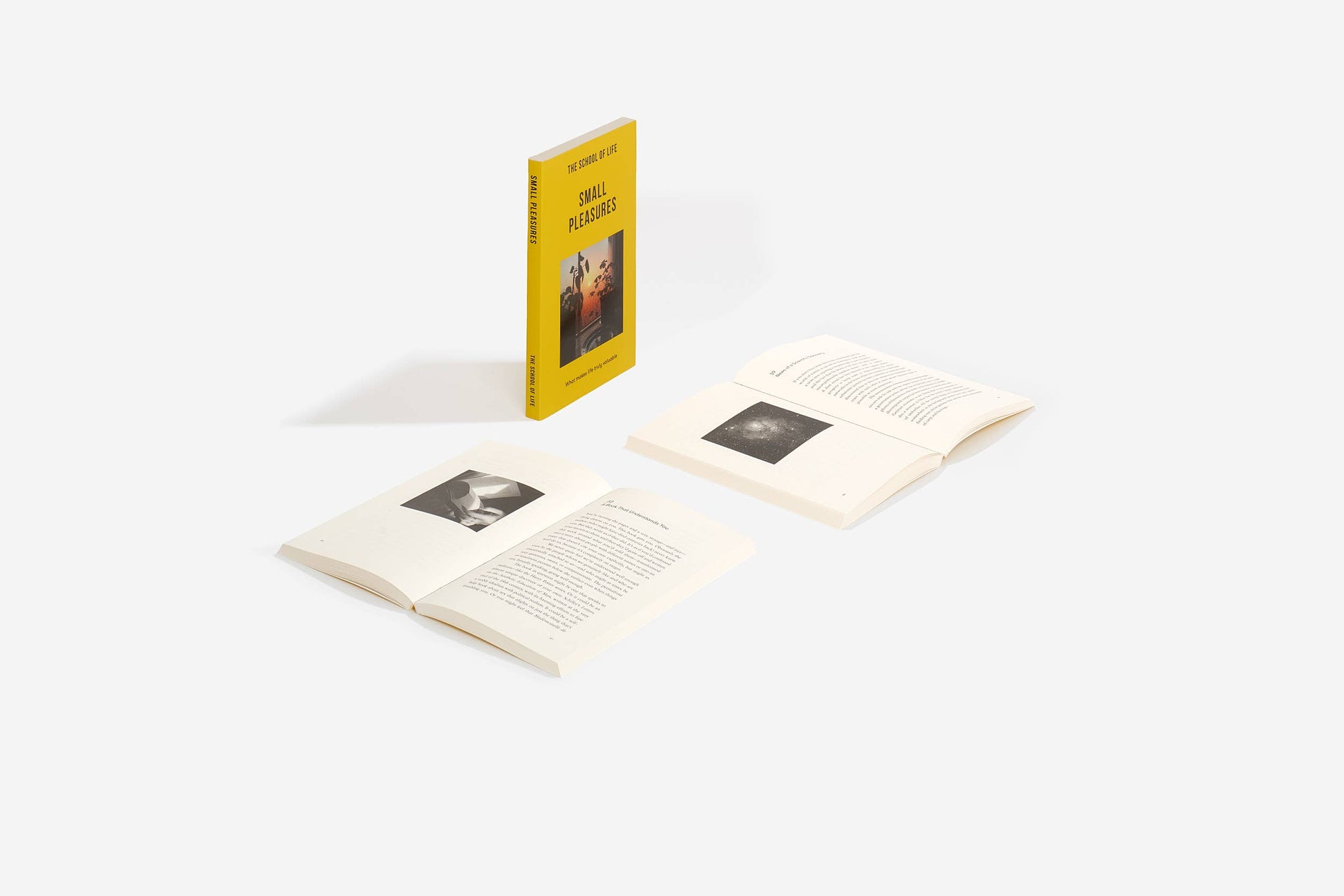 Two open books and a closed book with a yellow cover on a white background