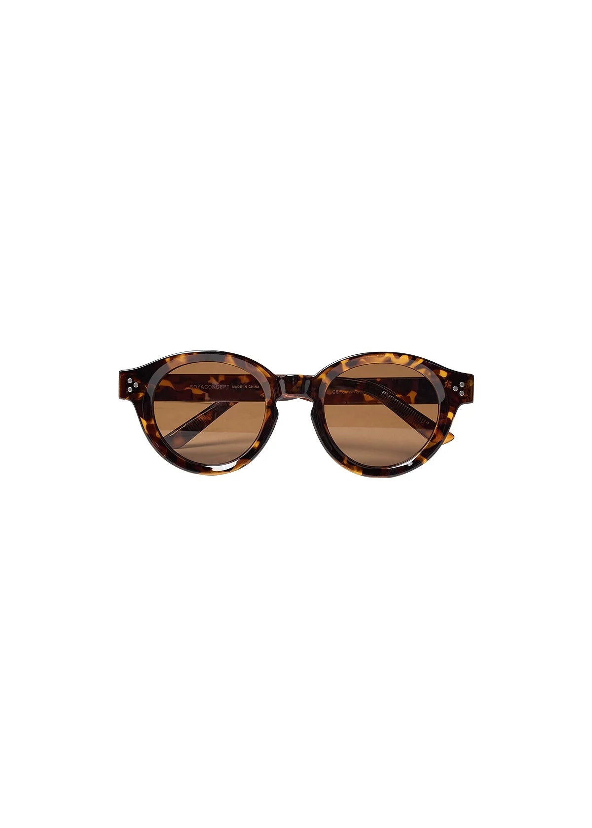 Tortoiseshell sunglasses with brown lenses on a white background