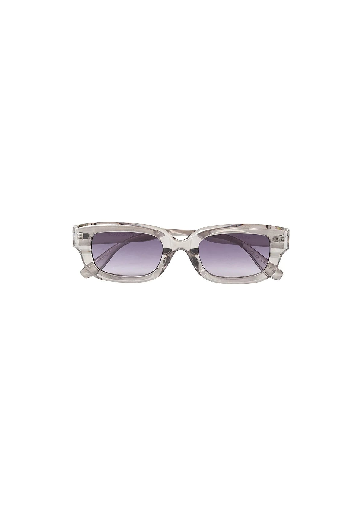 Sunglasses with transparent frame and purple lenses on a white background
