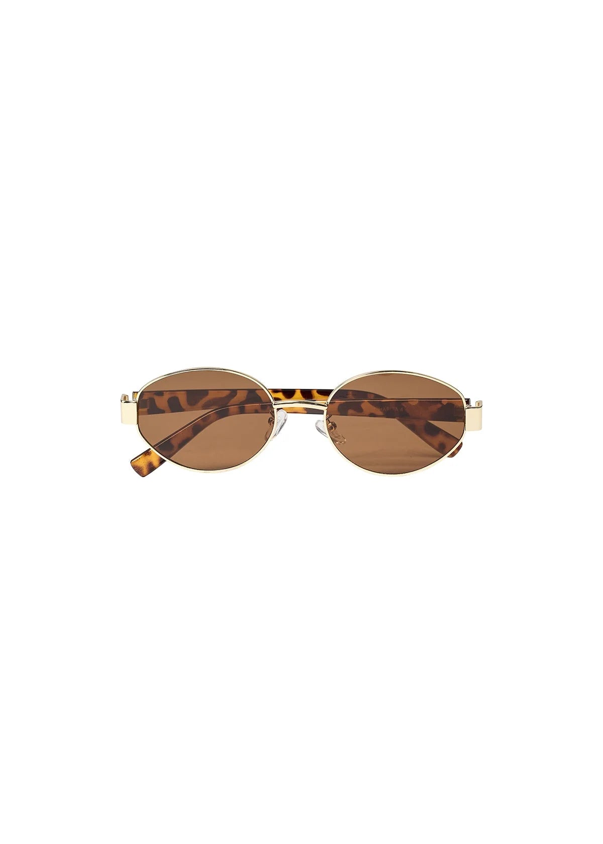 Round sunglasses with gold frame and brown lenses on a white background