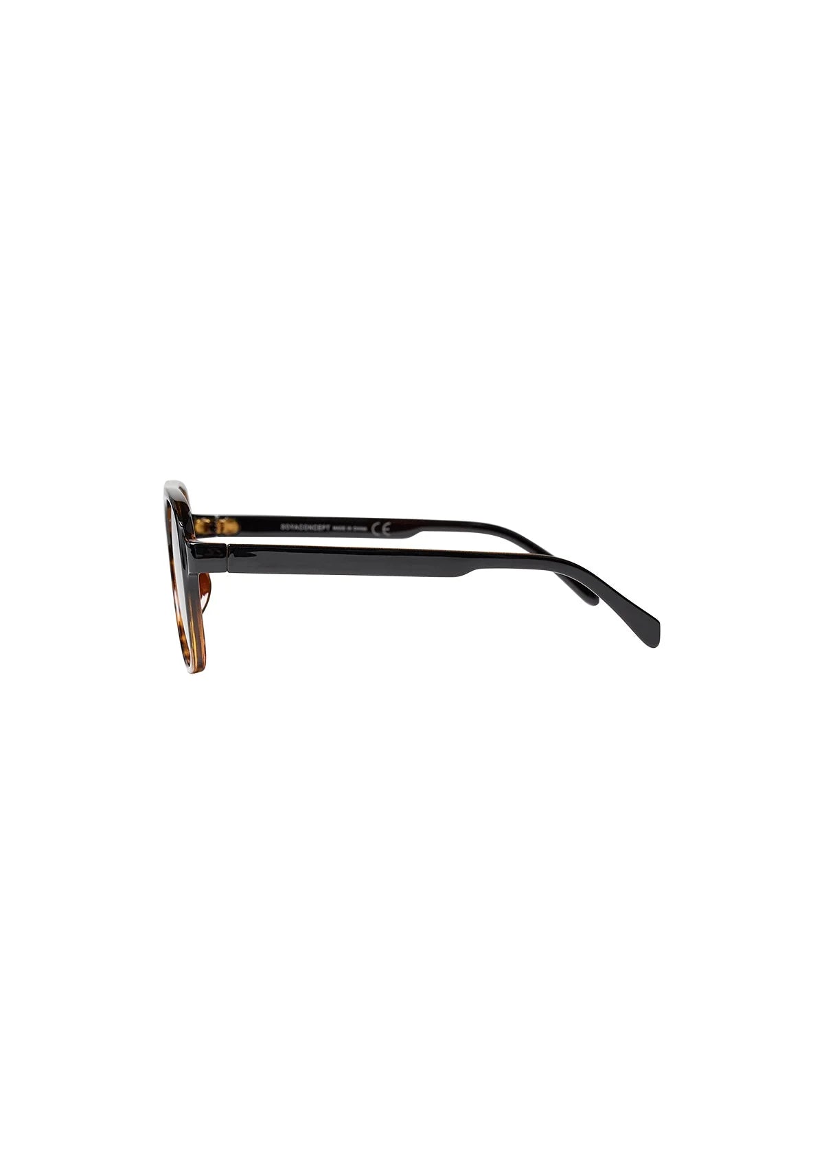 Sunglasses with a black frame and brown lenses on a white background