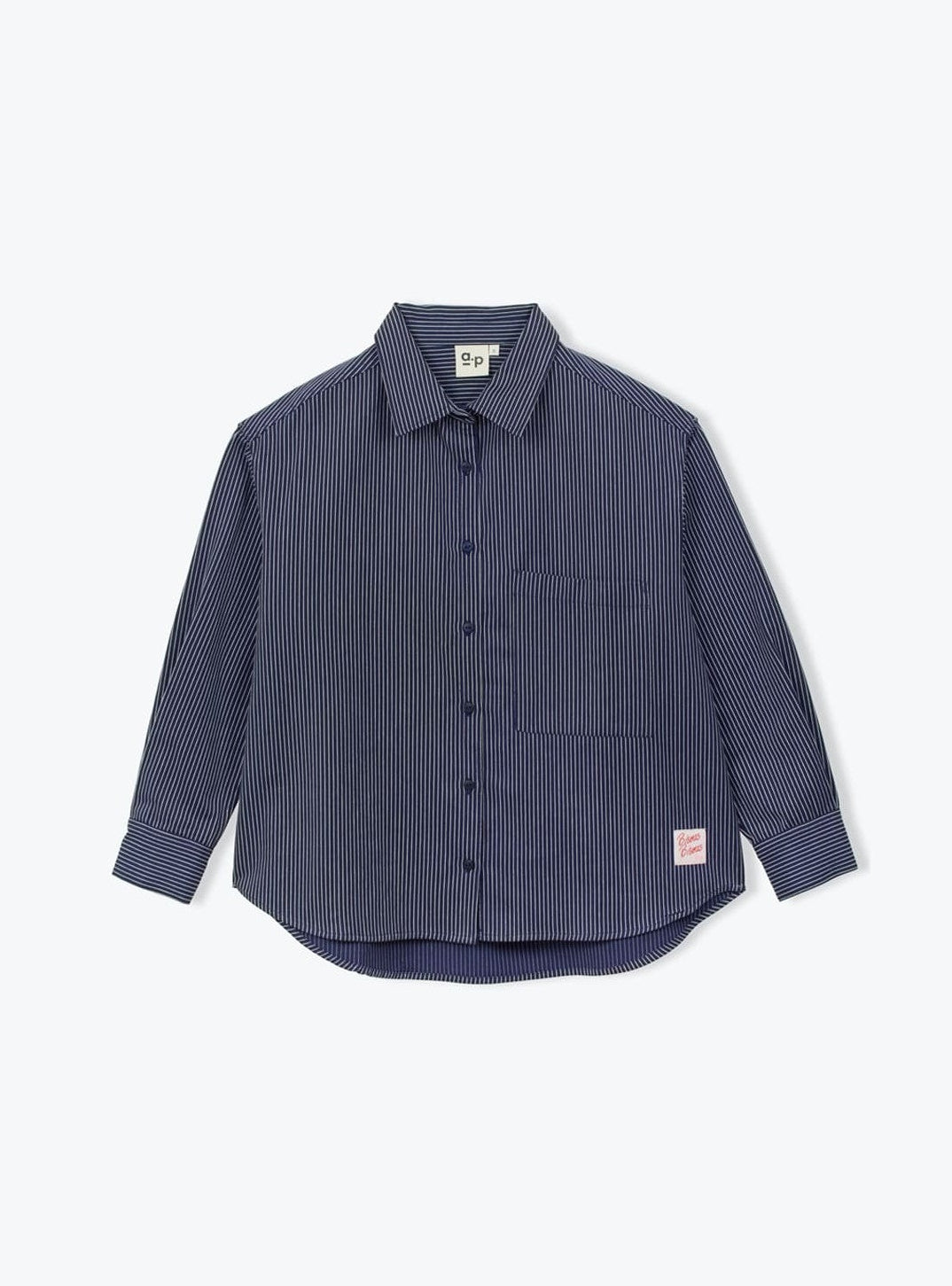 A dark blue long-sleeve button-up shirt with a chest pocket, laid flat against a light gray background.