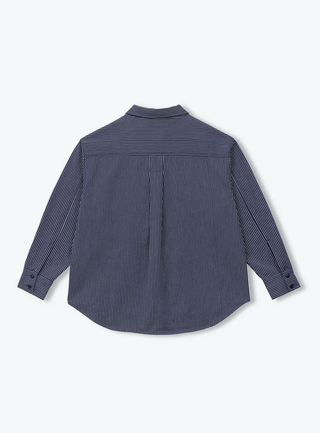 A dark slate blue long-sleeve button-down shirt shown from the back, featuring a subtle vertical texture and a curved hem, displayed on a clean white background.